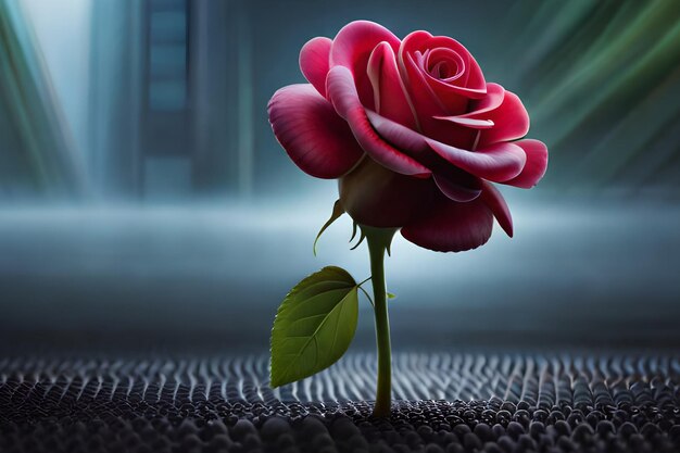 A red rose is on the ground in front of a dark room.