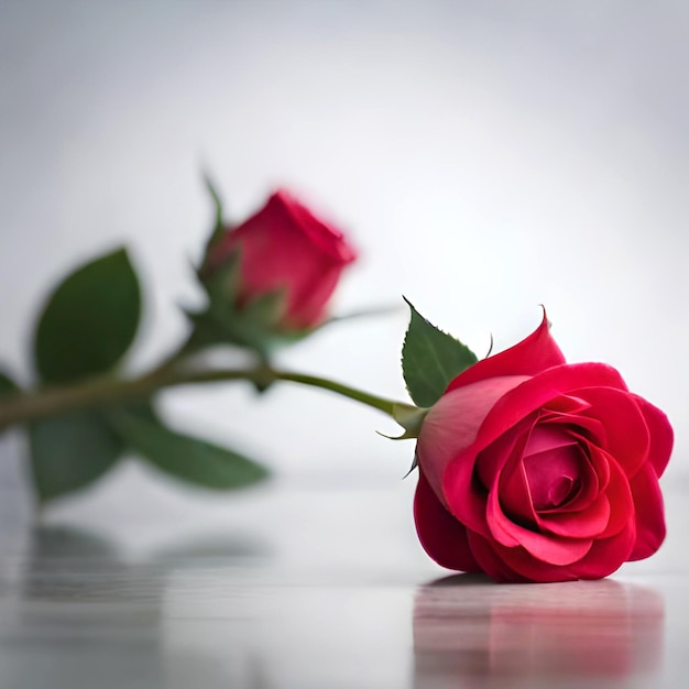 A red rose is laying on a table with a white background