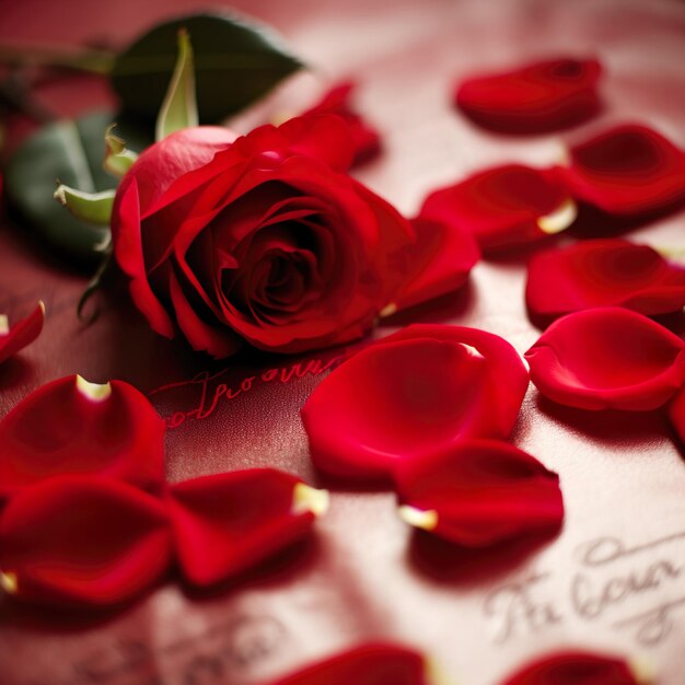 A red rose is laying on a table with the words