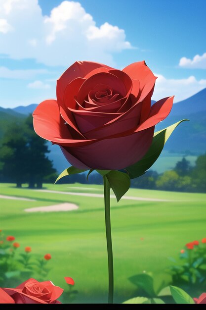 A red rose is in the middle of a field