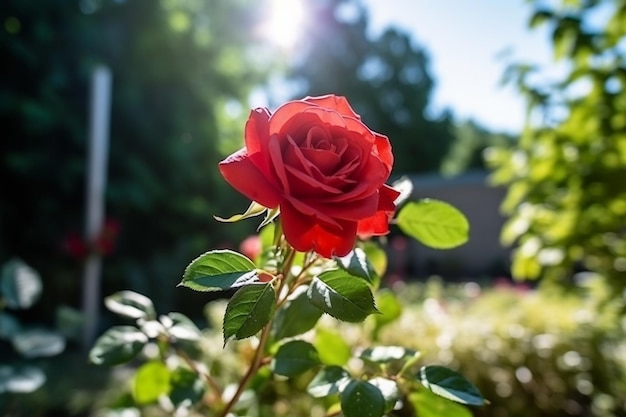 A red rose is in the middle of a garden.