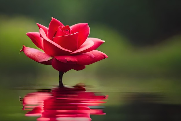 A red rose is reflected in the water.