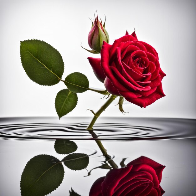 The red rose is reflected on a white background