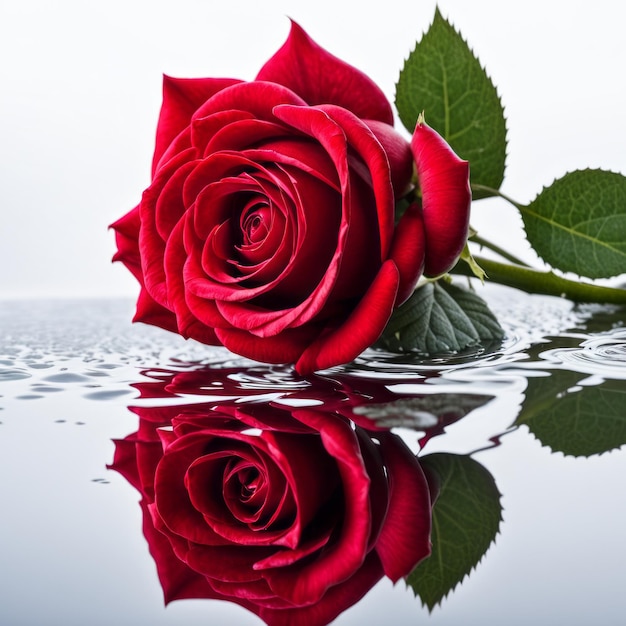 The red rose is reflected on a white background