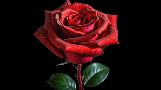 A red rose is shown with a green leaf.