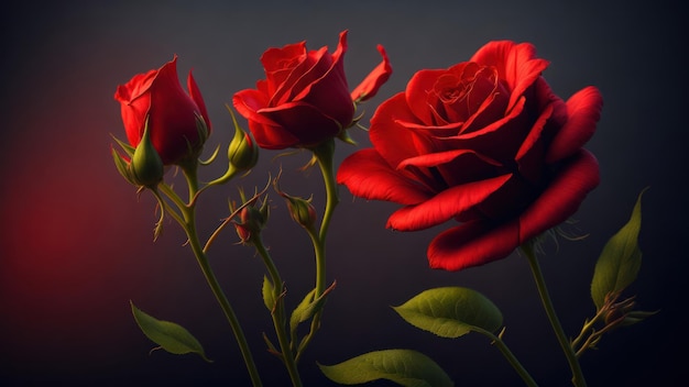 A red rose is shown with two red roses.