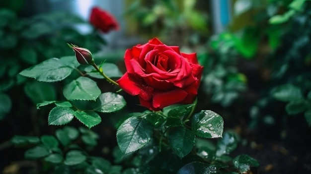 A red rose is surrounded by green leaves and the word rose is on the left