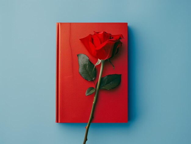 A red rose is on top of a red book