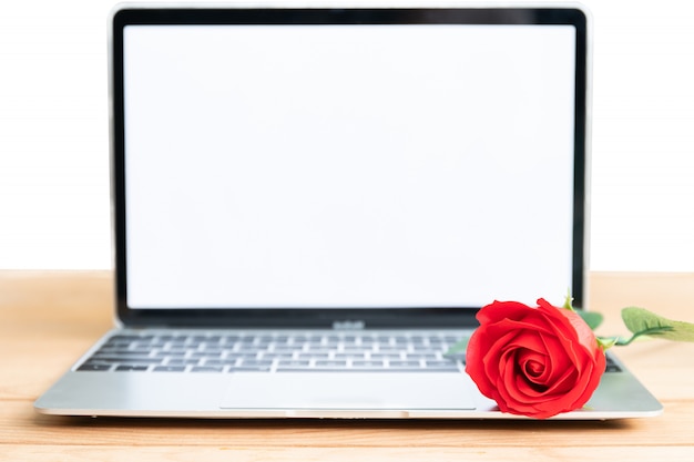 Red rose and laptop mockup on white