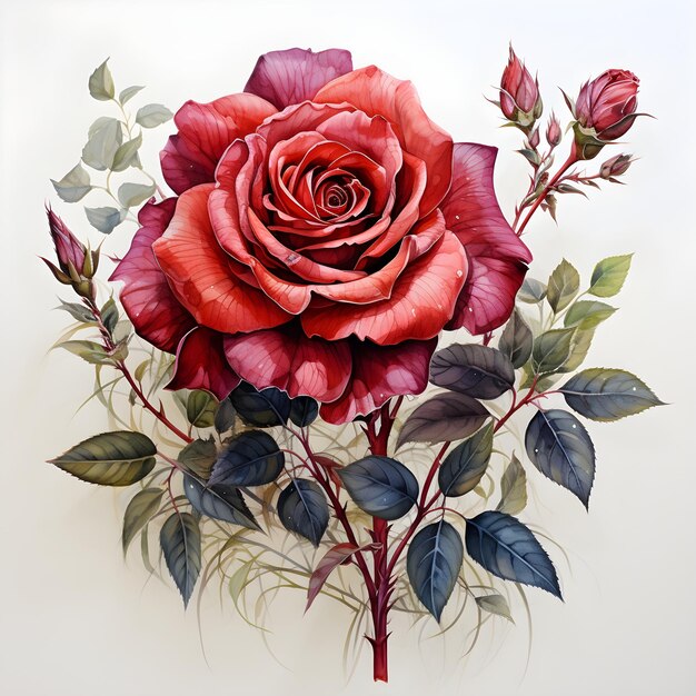 Photo red rose painted in botanic watercolors style