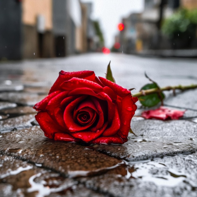 歩道上の赤いバラ