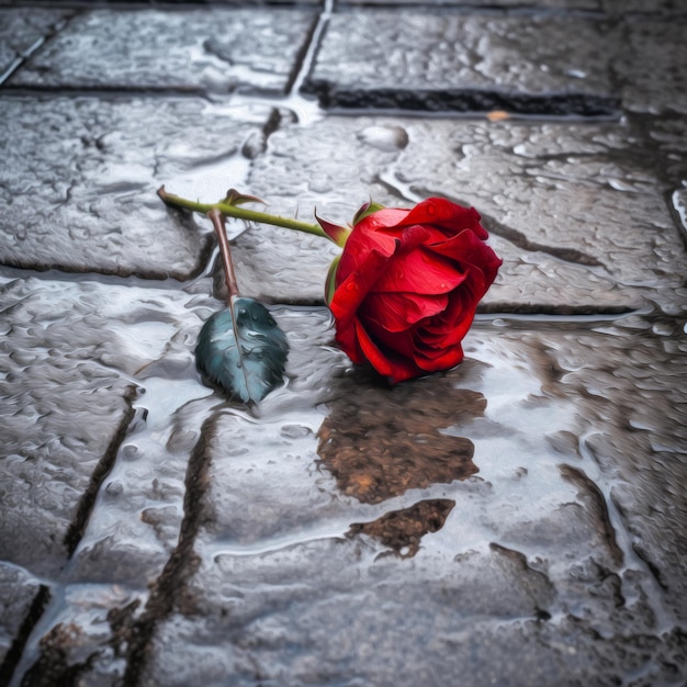 red rose on the pavement