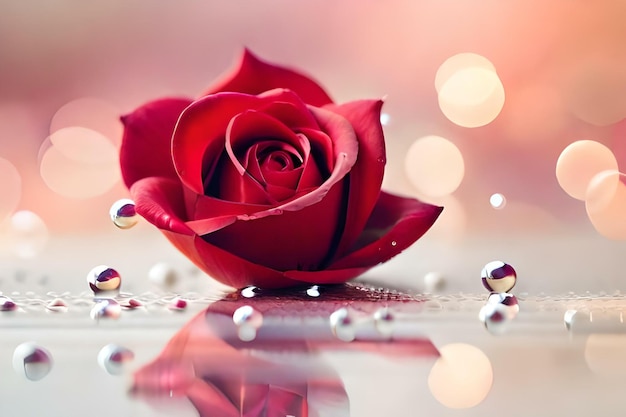 A red rose petal with drops of water and a light background