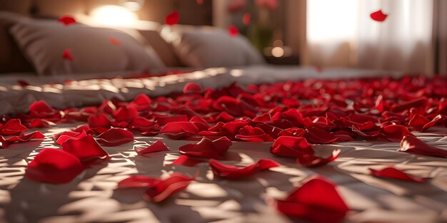 Red rose petals on bed in bedroom Valentines day concept Ai Generated