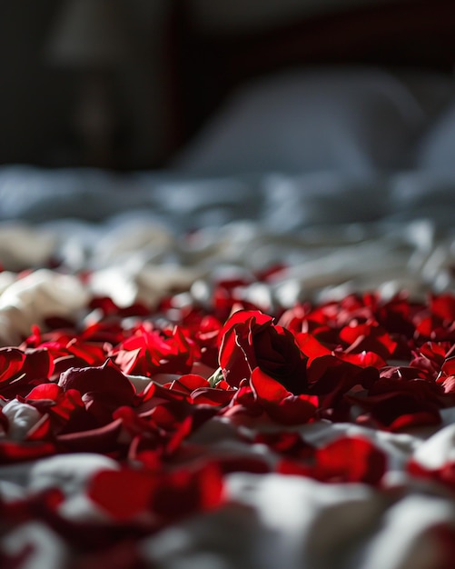 Red rose petals on bed in bedroom Valentines day concept