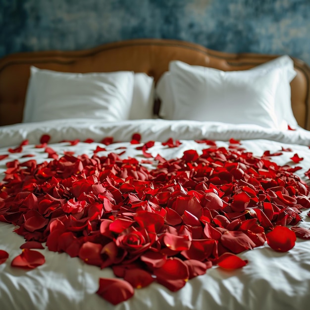 Red rose petals on bed in hotel bedroom Valentines day concept