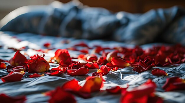 Photo red rose petals on the bed selective focus shallow depth of field