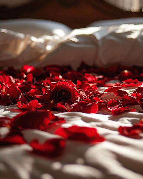 Photo red rose petals on the bed valentines day concept