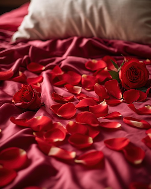 ベッドの上の赤いバラの花びら バレンタインデーのコンセプト