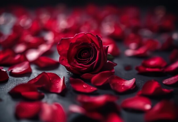 Red rose and petals on a black background