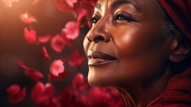 Red rose petals delicately cascade onto middle aged black woman face in close up portrait