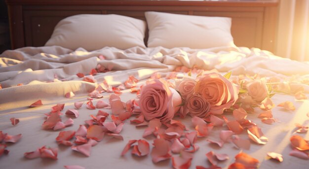 red rose petals near bed on table