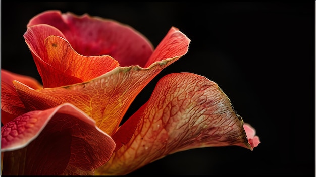写真 赤いバラの花びらと黒い背景の静脈のクローズアップ