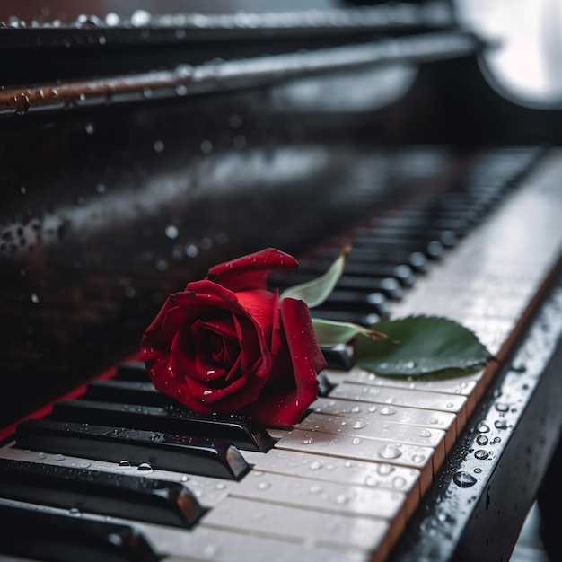 red rose on piano key