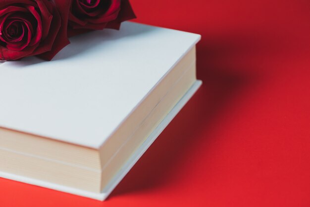 Foto rosa rossa collocato in un libro bianco su un tavolo rosso, concetto, tema di san valentino