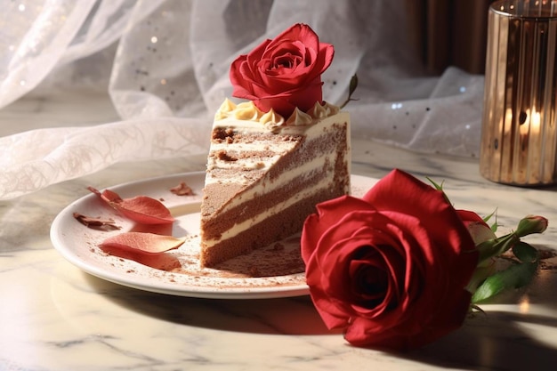 a red rose on a plate next to a cake.