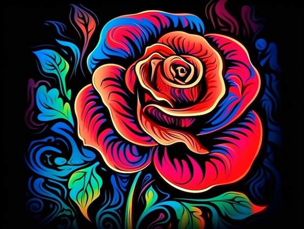 A red rose psychedelic style art black background