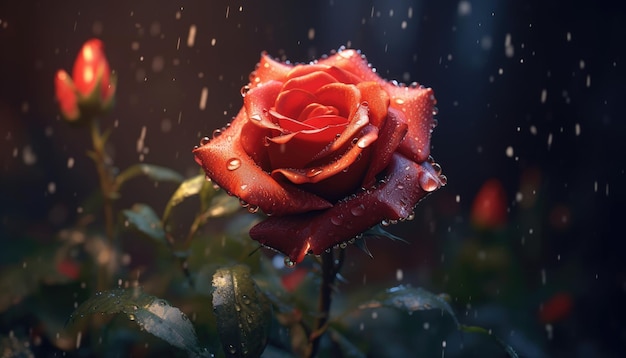 A red rose in the rain