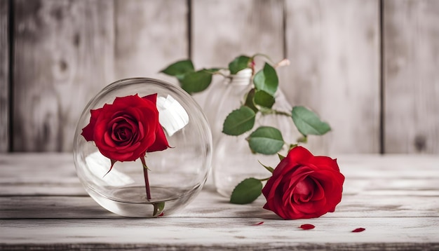 red rose in round glass vase on old white wooden background