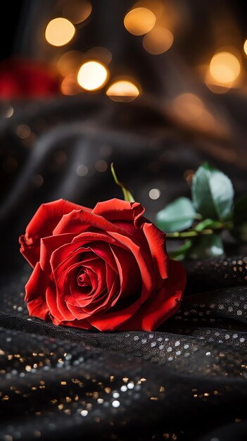 Red rose on the silk bedsheet Happy Valentine's Day greeting card concept AI generated image