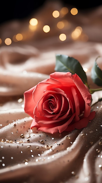 Red rose on the silk bedsheet Happy Valentine's Day greeting card concept AI generated image