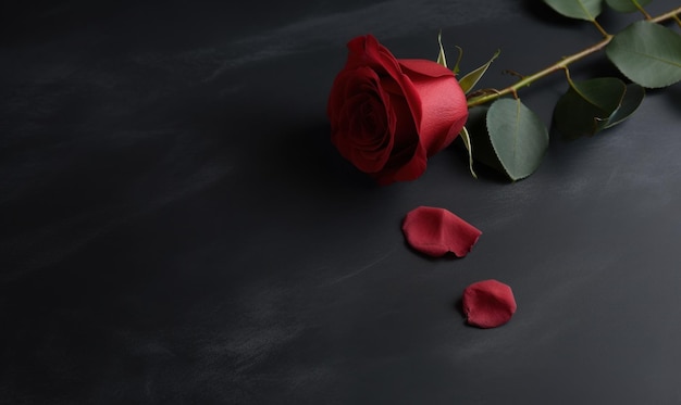 A red rose sits on a black surface top view picture with a black background