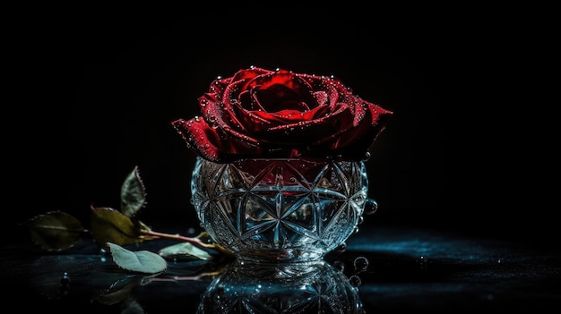 A red rose sits in a glass bowl on a black background.