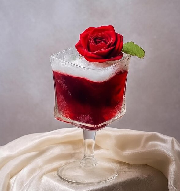 A red rose sits in a glass with ice and a rose on the top.