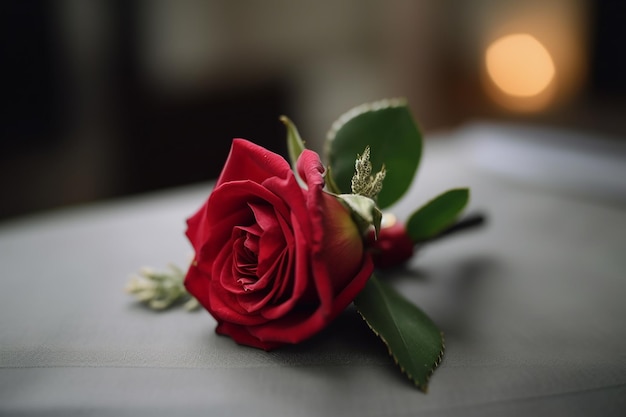 A red rose sits on a grey table.