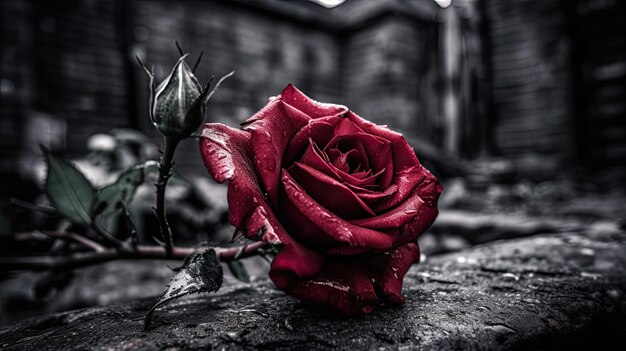 A red rose sits on a stone in front of a dark building