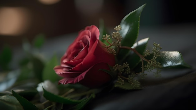 A red rose sits on a table in a dark room.