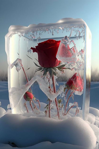 Red rose sitting inside of an ice block generative ai