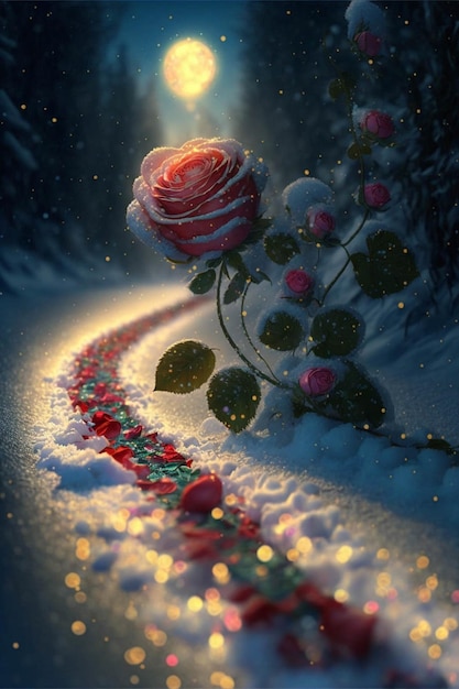 雪に覆われた地面生成 ai の上に座っている赤いバラ