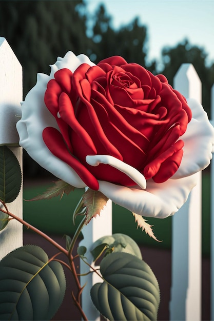 Red rose sitting on top of a white fence generative ai