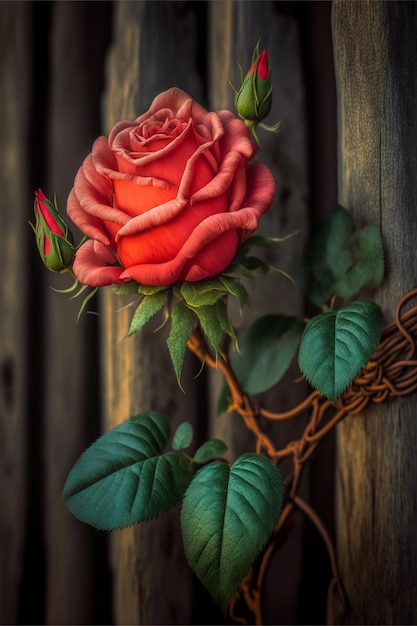 Red rose sitting on top of a wooden fence generative ai