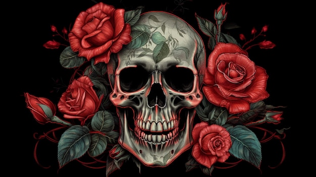 Red rose and skull illustration Generative AI