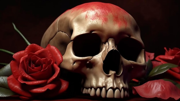 Red rose and skull illustration Generative AI