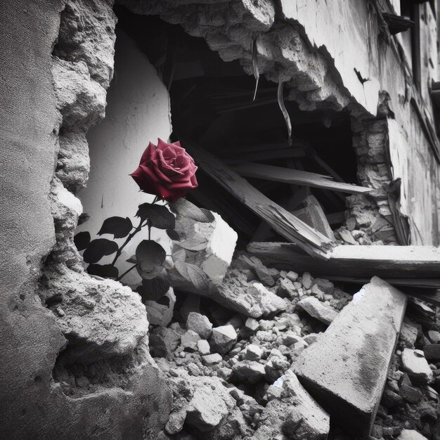 A red rose stands in the middle of a destroyed city no war stop war background