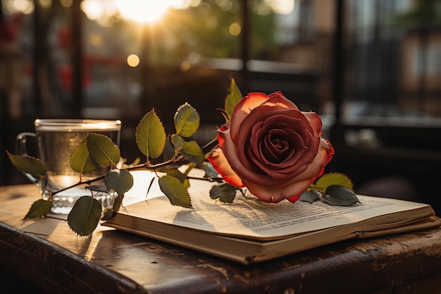 Photo red rose on a vintage book