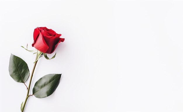 Фото Красная роза с красивыми листьями на простом элегантном белом пространстве для вашего текста